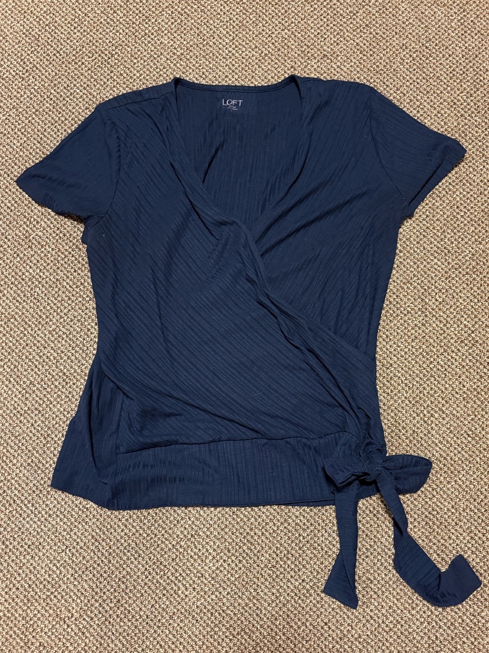 LOFT Navy Wrap Short-Sleeve Top with Side Tie